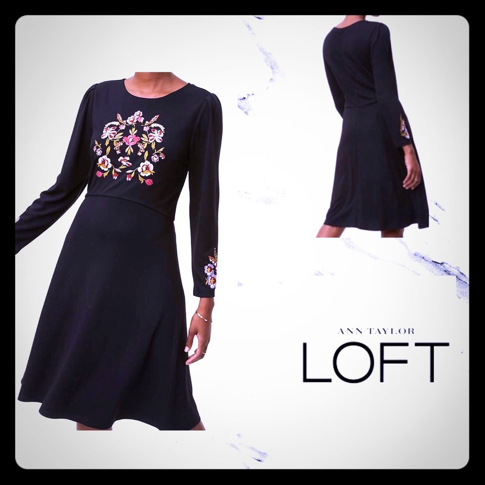 LOFT- Black Floral Embroidered Flare Dress